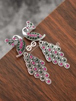 The Shimmery Peacock Danglers - Embellished Oxidised Collection