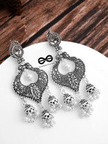 The Intricate Peacock Triple Jhumkis - Oxidised Boho Earrings