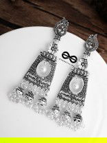 An Intricate Peacock Artwork Triple Jhumkis - Oxidised Boho Earrings