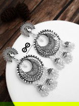 The Intricate Peacock Sun Triple Jhumkis - Oxidised Boho Earrings
