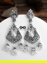 The Shimmery Antique Triple Jhumki Artwork - Oxidised Boho Earrings
