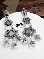 The Triple Layered Mirror Jhumkis - Oxidised Boho Earrings