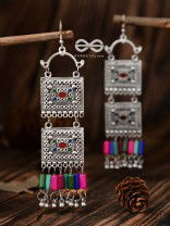The Double Embellished Trunks (Red Hues) - Oxidised Boho Earrings - Multicolour