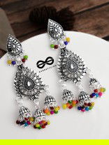 The Multicoloured Droplet Triple Jhumkis - Oxidised Boho Earrings