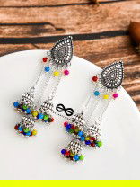 The Shimmery Droplet Triple Multicoloured Jhumkis - The Oxidised Boho Collection
