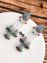 The Shimmery Droplet Triple Multicoloured Jhumkis - The Oxidised Boho Collection