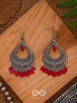 The Intricate Motif Drops - Oxidised Boho Earrings - Red