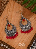 The Intricate Motif Drops - Oxidised Boho Earrings - Red