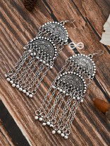 The Double Intricate Moon Danglers - Oxidised Boho Earrings