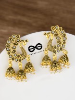 The Golden Peacock Triple Jhumkis - Oxidised Boho Earrings