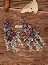 The Multicoloured Enamel Chained Danglers - Oxidised Boho Earrings