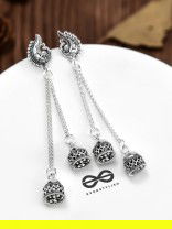 The Double Jhumki Curved Peacock Danglers - Oxidised Boho Earrings