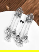 The Intricate Peacock Triple Hanging Jhumkis - Oxidised Boho Earrings