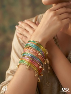 SHABNAMI - VIRAL KASHMIRI GHUNGROO BANGLE SET FEATURING 12 MULTICOLOR AND 4 GOLDEN BANGLES - REGAL MULTICOLOR PALETTE