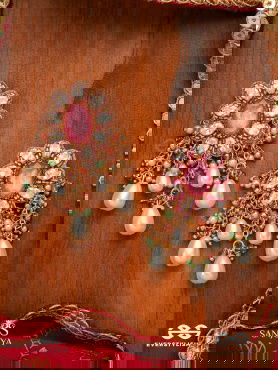 LALIMA - TINT OF PINK-  HAND EMBROIDERED EARRINGS WITH PEARL DROPLETS AND GEMSTONES