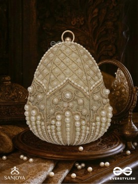 SAHIBA  – OVAL IVORY SILK CLUTCH WITH PEARL EMBEDDING AND GOLDEN METAL FRAME