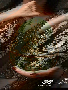 SABREEN - OVAL DEEP OLIVE GREEN VELVET HANDLE CLUTCH WITH RICH HAND DETAILING AND GOLDEN METAL FRAME