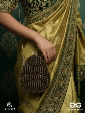 SABREEN - OVAL DEEP OLIVE GREEN VELVET HANDLE CLUTCH WITH RICH HAND DETAILING AND GOLDEN METAL FRAME