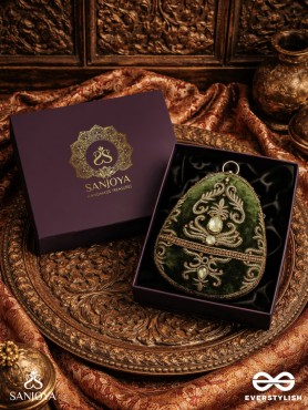 SABREEN - OVAL DEEP OLIVE GREEN VELVET HANDLE CLUTCH WITH RICH HAND DETAILING AND GOLDEN METAL FRAME