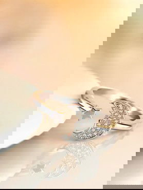 Stars and crescent moon adjustable ring in silver