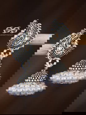 The Braided Pearl Peacock Jhumkis - Oxidised Boho Earrings