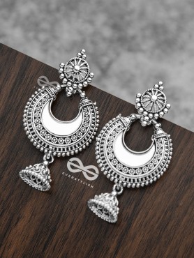 The Intricate Mirror Moon Jhumkis - Oxidised Boho Earrings