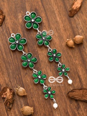 The Four Layered Dangling Floral Studs (Emerald Green) - Embellished Oxidised Collection