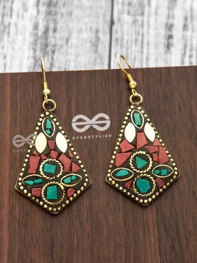 A Handcrafted Delight - Turquoise-Red Tribal Style Earrings
