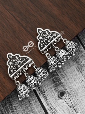 The Boho Delight - Triple Jhumki Studs - Oxidised Boho Earrings