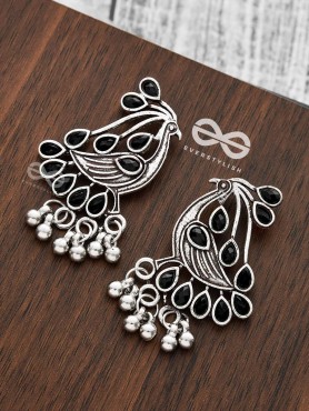 The Vintage Bird Artwork Studs(Onyx Black) - Embellished Oxidised Collection