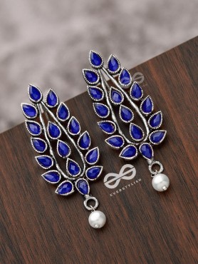 The Shimmering Leaves (Sapphire Blue)- Embellished Oxidised Earrings