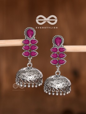 The Woman of Finesse - Embellished Oxidised Jhumkas (Ruby Red)