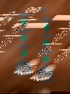 The Elegant Delight - Triple Layered Jhumkas (Emerald Green)