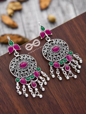 The Playful Elegance - Embellished Oxidised Earrings (Ruby Emerald)