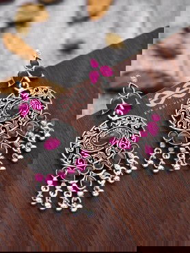 The Playful Elegance - Embellished Oxidised Earrings (Ruby Red)