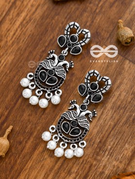 The Enigmatic Peacock Artwork Earrings (Onyx Black) - Embellished Oxidised Collection