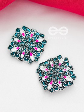 The Alluring Motifs - Statement Meenakari Studs (Teal)