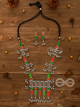 The Bohemian Jaw Droppers - Statement Set of Meenakari Neckpiece and Earrings (Orange-Green)