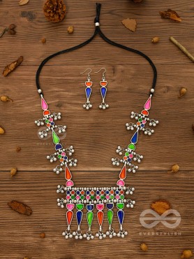 The Bohemian Jaw Droppers - Statement Set of Meenakari Neckpiece and Earrings (Multicolor)