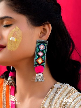VARNAD- THE COLORFUL- BEADS AND MIRRORS EMBROIDERED EARRINGS (Parakeet Green, Ebony & Fuchsia Pink)
