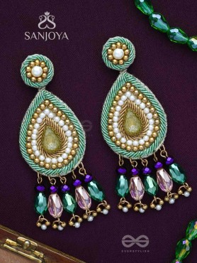 Vishyanda - The Aqua Drop - Beads, Dabka And Stones Hand Embroidered Earrings