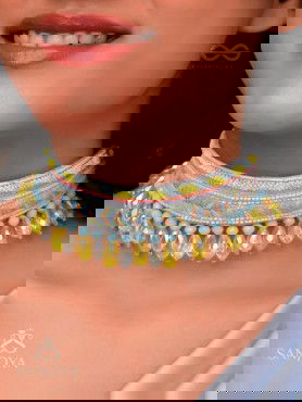 Kelih - Garden Of Sky - Resham, Cutdana And Glass Drops Hand Embroidered Choker Neckpiece