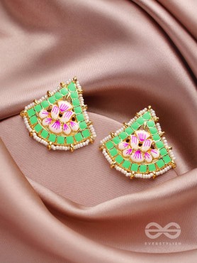 The Lotus Temple- Enamelled Statement Stud Earrings(Lime Green)