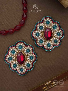 Stibhi - Treasures Of Ruby - Dabka, Stone And Beads Hand Embroidered Earrings