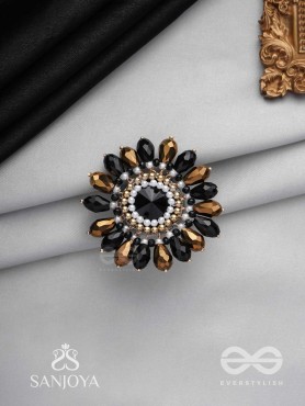 Aralu - Flower In Bloom - Beads, Stone And Glass Drops Hand Embroidered Adjustable Ring (Black & Golden)