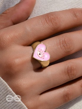 Eye Heart You - Pink Enamelled Golden Ring (Adjustable)