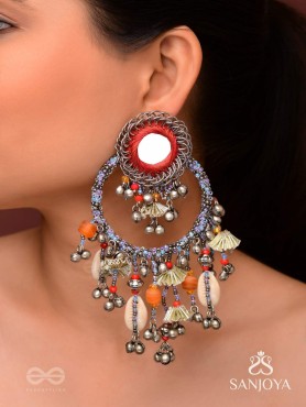 Pradhma - The Ocean Treasures - Beads, Mirror And Shells Hand Embroidered Oxidised Earrings