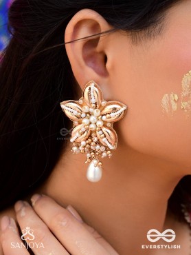 Kanaka - The Gleaming Blossoms - Beads, Shells And Pearl Drops Hand Embroidered Earrings