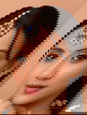 Adhilokam- The Neptune Goddess- Stone, Beads And Pearl Drops Hand Embroidered Maangtika