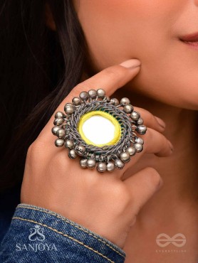 Patangah - Music Of Sunshine - Mirror, Resham And Beads Hand Embroidered Oxidised Ring